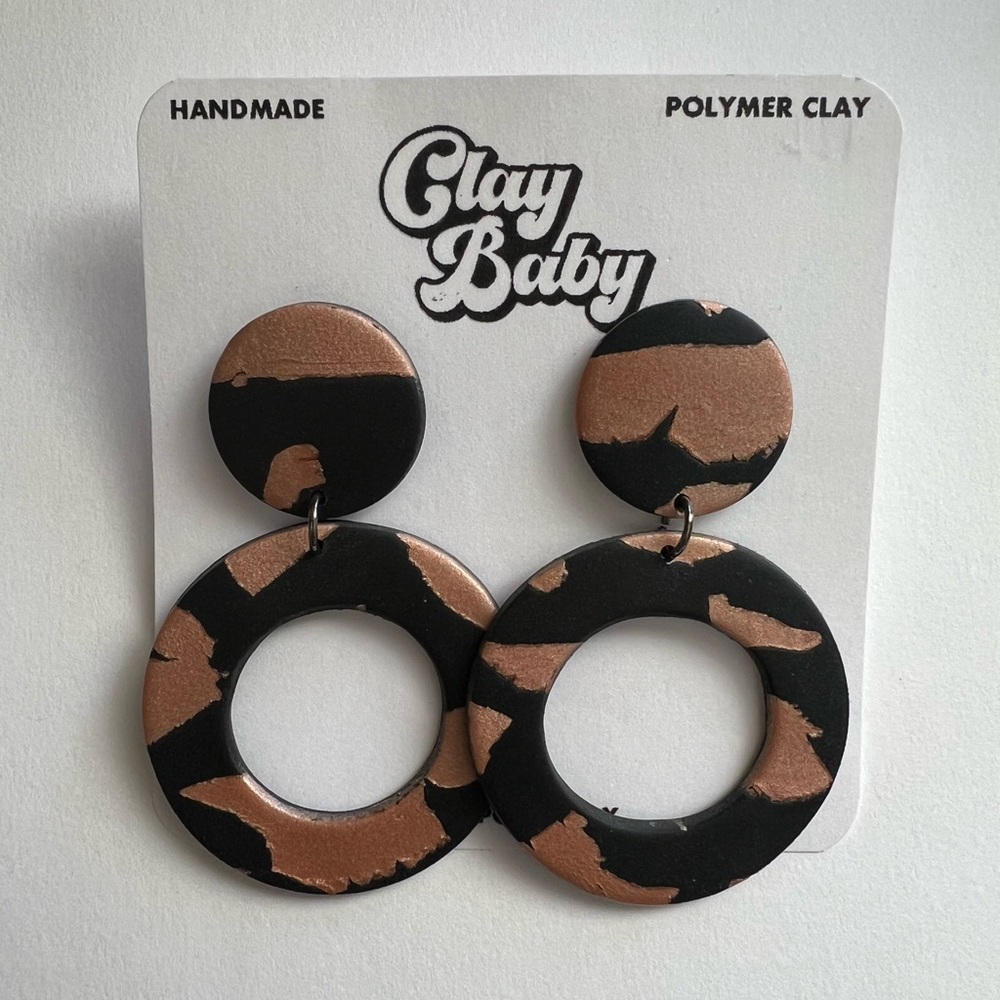 Handmade Black Copper Metallic Terrazzo Circle Statement Earrings - NWT - 2.5”